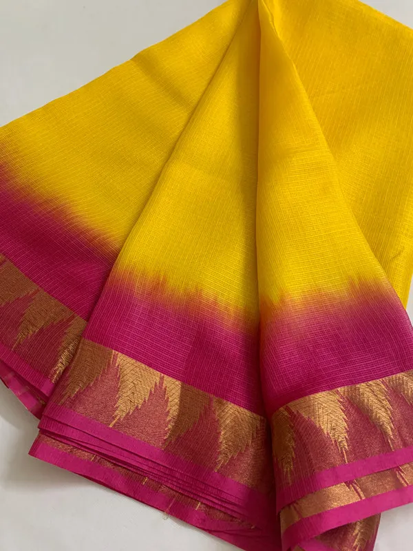 Premium_Traditional_Handloom_Bhagalpuri_Kota_Organza_Tie-Dye_Saree_with_Temple_Motif_Border_(13274_Yellow_Hot_Pink)
