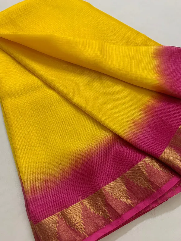 Premium_Traditional_Handloom_Bhagalpuri_Kota_Organza_Tie-Dye_Saree_with_Temple_Motif_Border_(13274_Yellow_Hot_Pink)