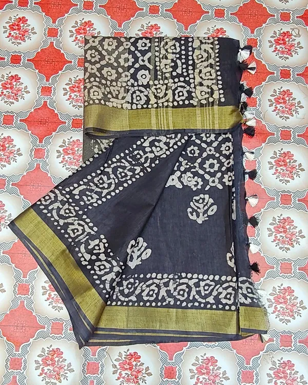 Authentic_Linen_Cotton_Blend_Handloom_Batik_Print_Saree_(GLBR_Gold-Black)
