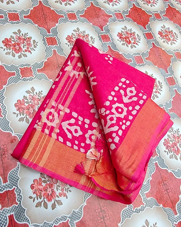 Authentic_Linen_Cotton_Blend_Handloom_Batik_Print_Saree_(GLBR_Gold-Deep_Pink)