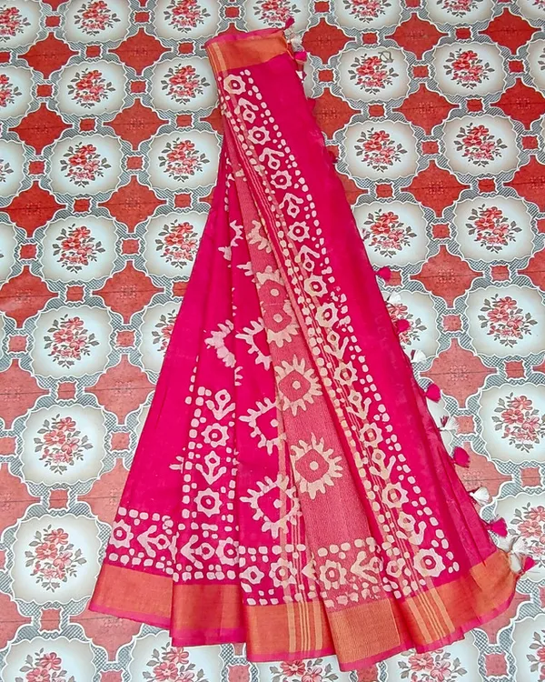 Authentic_Linen_Cotton_Blend_Handloom_Batik_Print_Saree_(GLBR_Gold-Deep_Pink)
