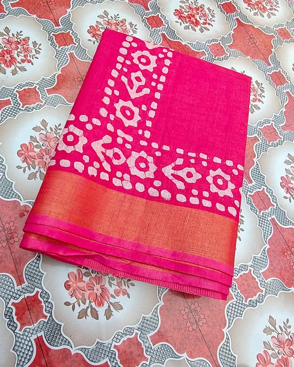 Authentic_Linen_Cotton_Blend_Handloom_Batik_Print_Saree_(GLBR_Gold-Deep_Pink)