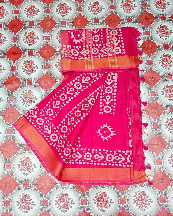 Authentic_Linen_Cotton_Blend_Handloom_Batik_Print_Saree_(GLBR_Gold-Deep_Pink)