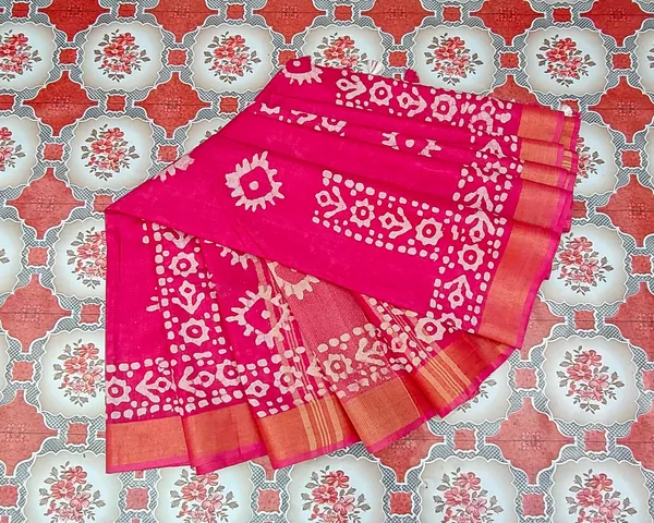 Authentic_Linen_Cotton_Blend_Handloom_Batik_Print_Saree_(GLBR_Gold-Deep_Pink)