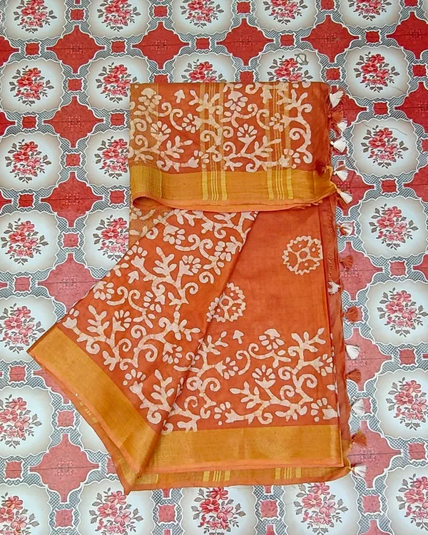 Authentic_Linen_Cotton_Blend_Handloom_Batik_Print_Saree_(GLBR_Gold-Dusty_Orange)
