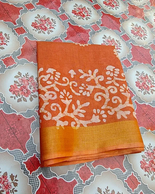 Authentic_Linen_Cotton_Blend_Handloom_Batik_Print_Saree_(GLBR_Gold-Dusty_Orange)