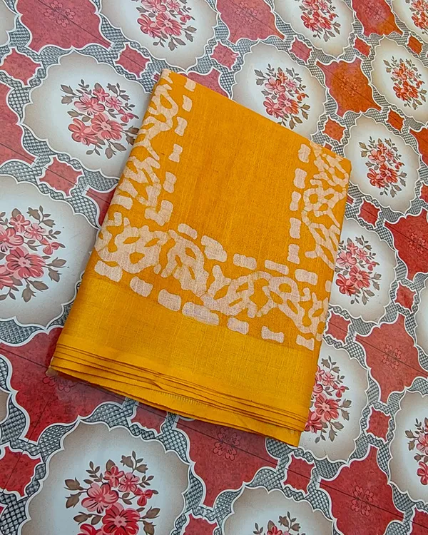 Authentic_Linen_Cotton_Blend_Handloom_Batik_Print_Saree_(GLBR_Gold-Gamboge_Yellow)