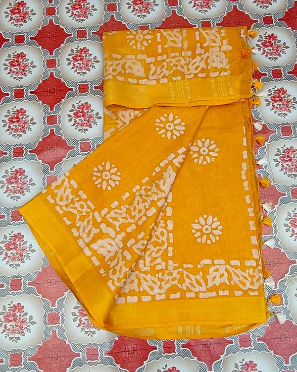 Authentic_Linen_Cotton_Blend_Handloom_Batik_Print_Saree_(GLBR_Gold-Gamboge_Yellow)