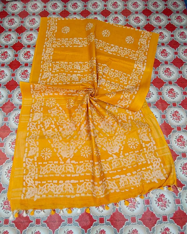 Authentic_Linen_Cotton_Blend_Handloom_Batik_Print_Saree_(GLBR_Gold-Gamboge_Yellow)