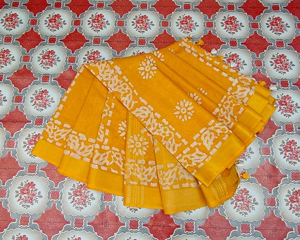 Authentic_Linen_Cotton_Blend_Handloom_Batik_Print_Saree_(GLBR_Gold-Gamboge_Yellow)