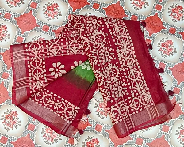 Authentic_Linen_Cotton_Blend_Handloom_Tie-Dye_Batik_Print_Saree_with_Blouse_Piece_(SLBR_Lawn_Green_&_Lawaiie_Maroon)