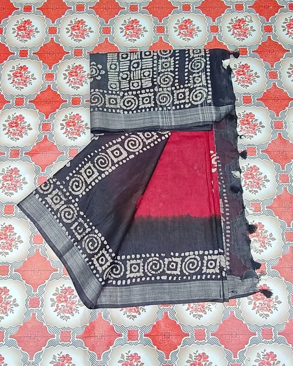 Authentic_Linen_Cotton_Blend_Handloom_Bandhani_Dye_Batik_Print_Saree_(SLBR_Red_&_Black)