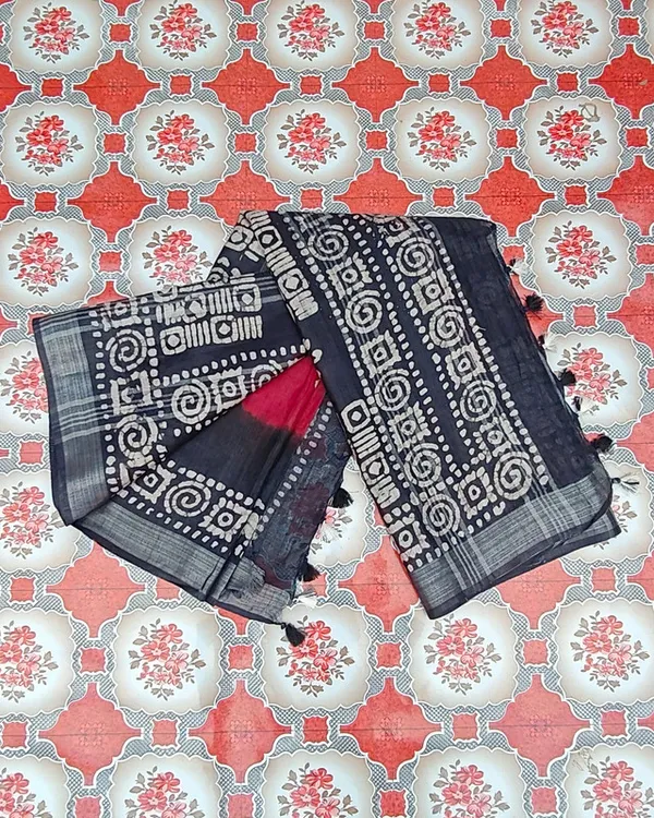 Authentic_Linen_Cotton_Blend_Handloom_Bandhani_Dye_Batik_Print_Saree_(SLBR_Red_&_Black)