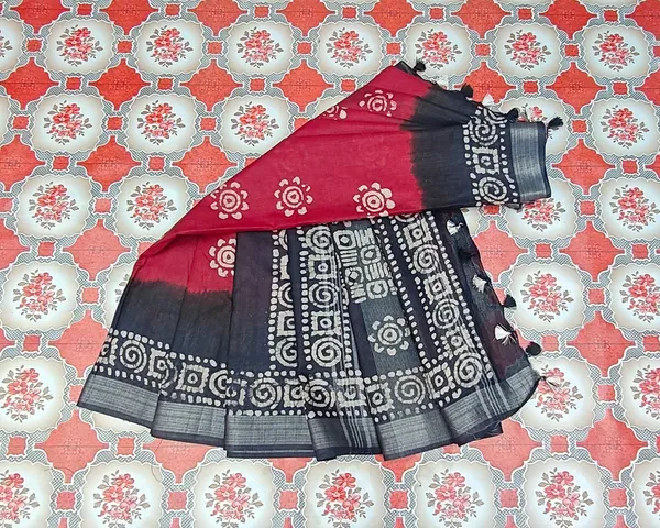 Authentic_Linen_Cotton_Blend_Handloom_Bandhani_Dye_Batik_Print_Saree_(SLBR_Red_&_Black)