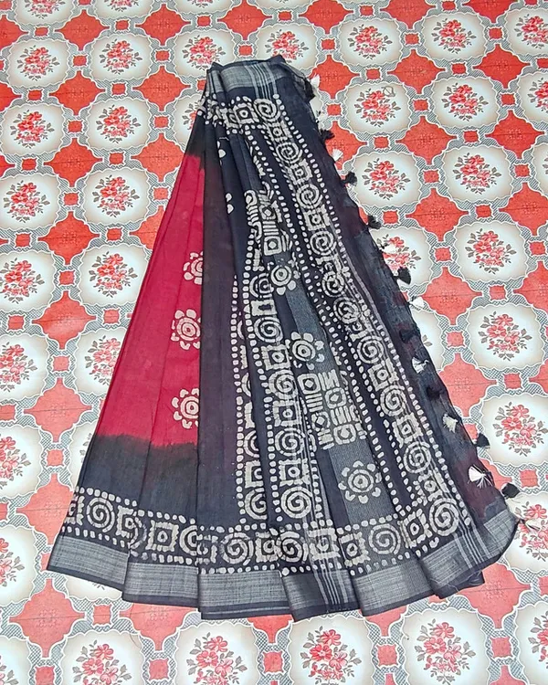 Authentic_Linen_Cotton_Blend_Handloom_Bandhani_Dye_Batik_Print_Saree_(SLBR_Red_&_Black)