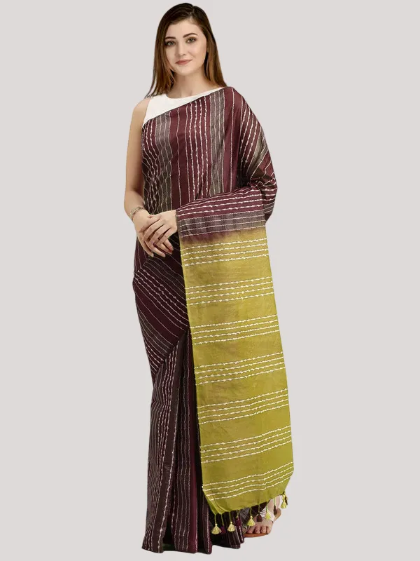 Cordovan_Brown_&_Citron_Green_Kota_SIlk_Bhagalpuri_Handloom_Striped_Two_Dye_Saree