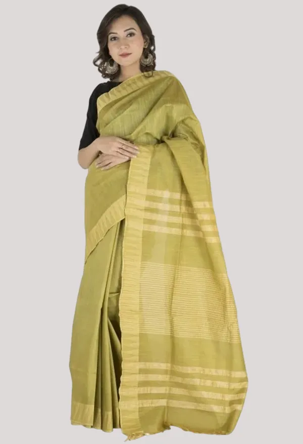 Huskie_Green_Handloom_Semi_Tussar_Silk_Temple_Border_Bhagalpuri_Saree