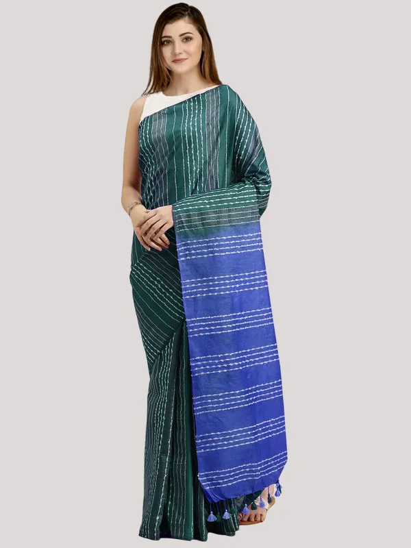 Myrtle_Green_&_Neon_Blue_Kota_SIlk_Bhagalpuri_Handloom_Striped_Two_Dye_Saree