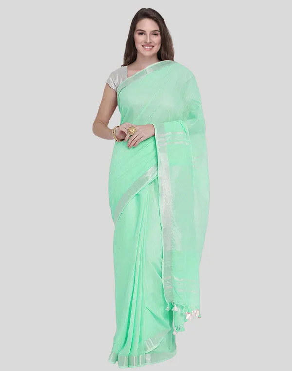 Authentic_Aquamarine_Turquoise_Bhagalpiuri_Handloom_Linen_Saree_with_Zari_Border