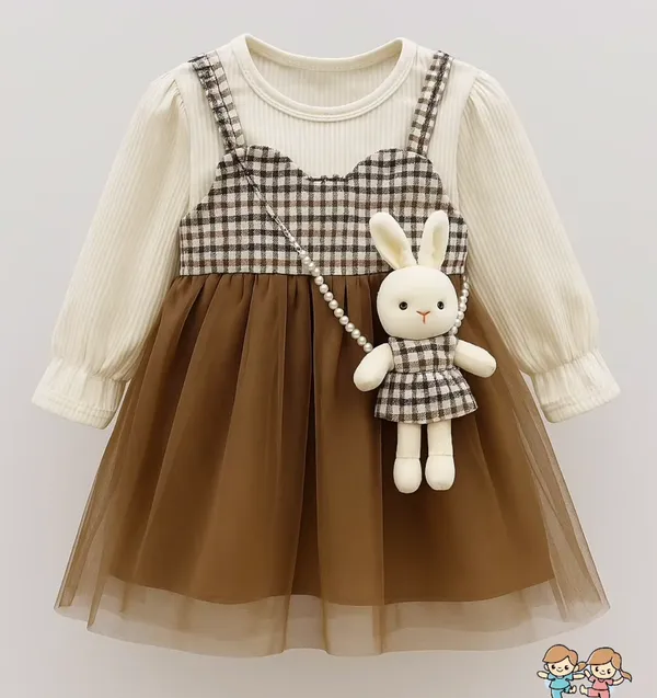 Brown_&_Beige_Frock_Paired_With_An_Adorable_Teddy_Sling_For_Girl