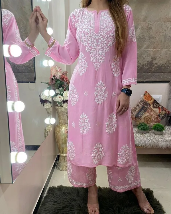 Baby_Pink_Rayon_Cotton_Chikankari_Embroidery_Kurta_With_Palazzo_For_Women