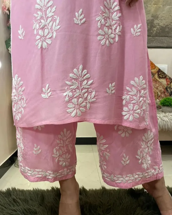 Baby_Pink_Rayon_Cotton_Chikankari_Embroidery_Kurta_With_Palazzo_For_Women