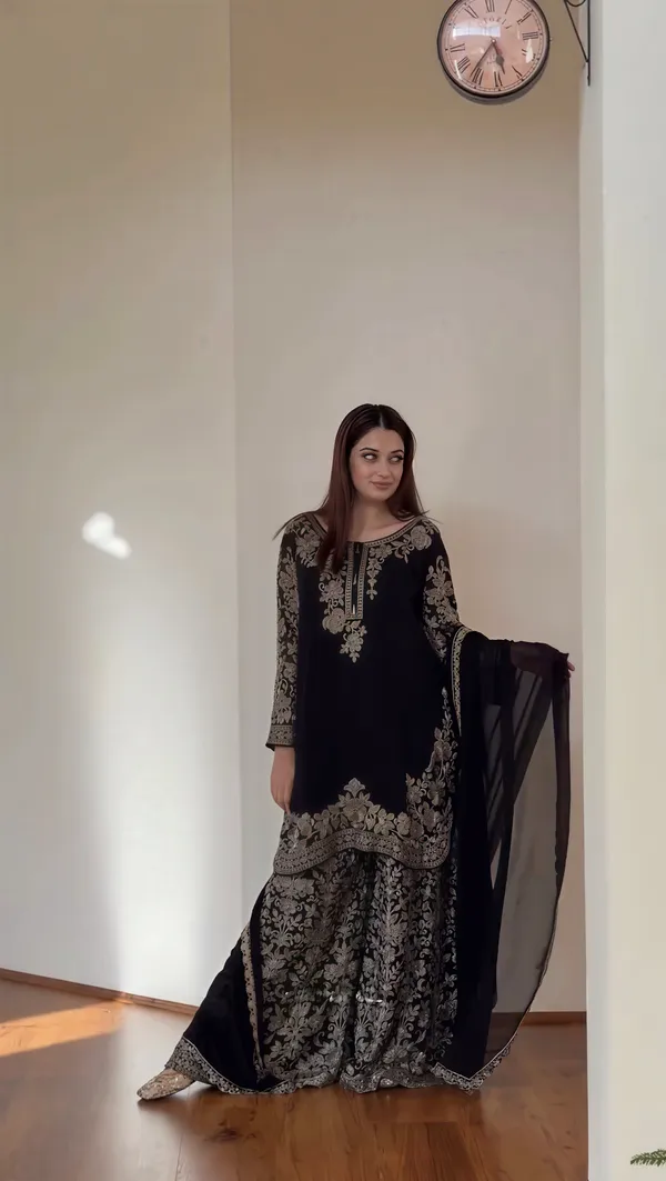 Black_Faux_Georgette_Heavy_Embroidery_Sequence_Work_Kurta_With_Sharara_&_Dupatta_For_Women