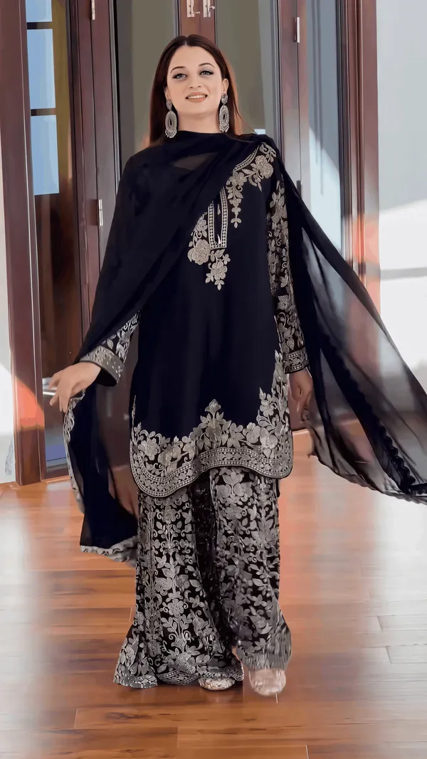 Black_Faux_Georgette_Heavy_Embroidery_Sequence_Work_Kurta_With_Sharara_&_Dupatta_For_Women