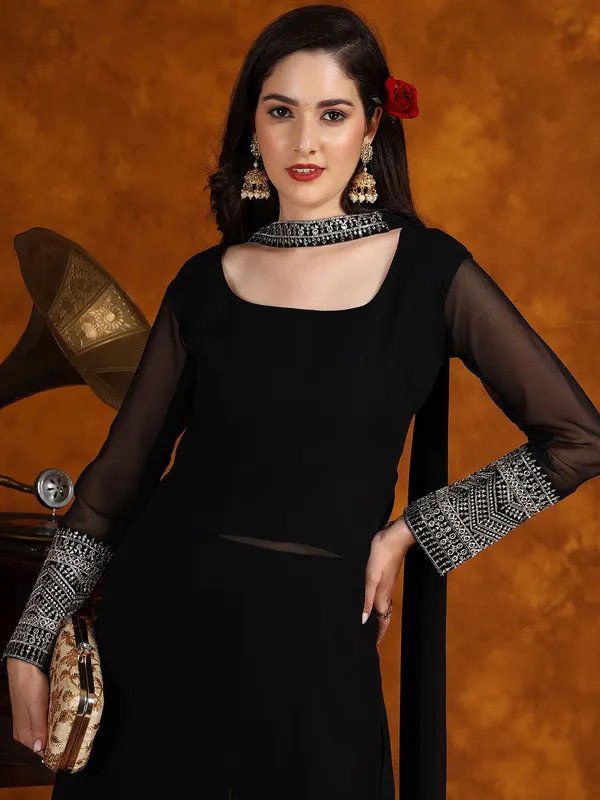 Black_Georgette_Ethnic_Border_Straight_Kurta_With_Palazzo_&_Dupatta_For_Women