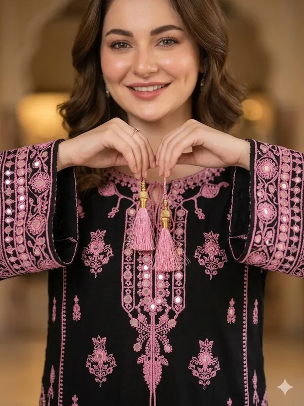 Black_Rayon_Embroidery_Kurta_With_Mirror_Effect_Plazzo_&_Georgette_Dupatta_For_Women