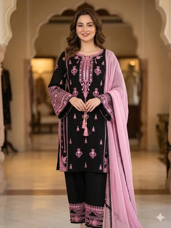 Black_Rayon_Embroidery_Kurta_With_Mirror_Effect_Plazzo_&_Georgette_Dupatta_For_Women