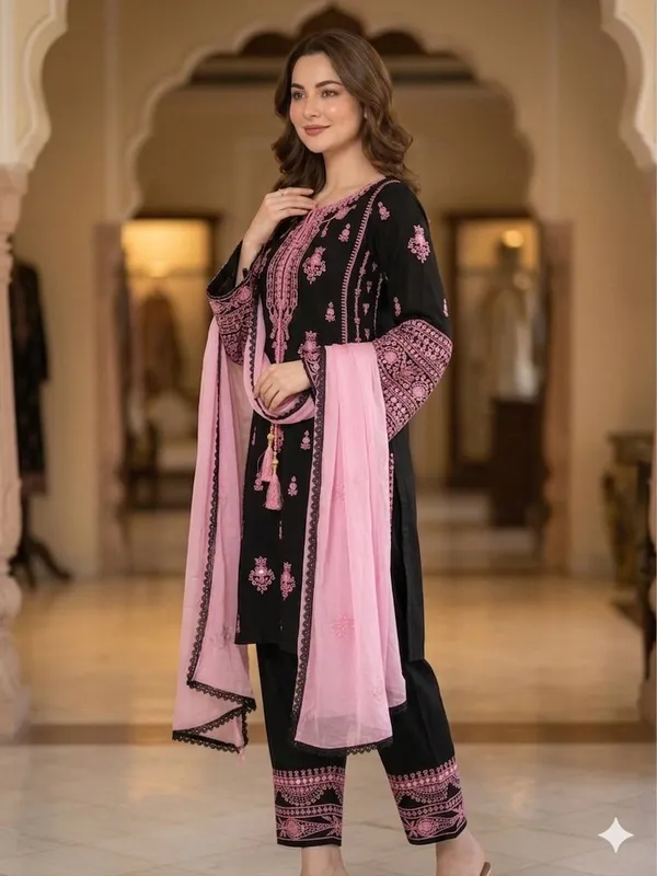 Black_Rayon_Embroidery_Kurta_With_Mirror_Effect_Plazzo_&_Georgette_Dupatta_For_Women