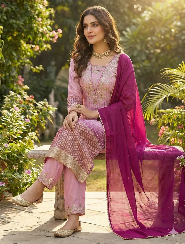 Blush_Pink_Printed_Chinon_Kurta_With_Sequence_Embroidery_Pant_And_Dupatta_For_Women