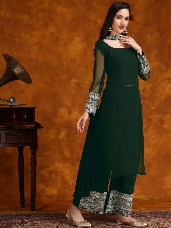 Bottle_Green_Georgette_Ethnic_Border_Straight_Kurta_With_Palazzo_&_Dupatta_For_Women