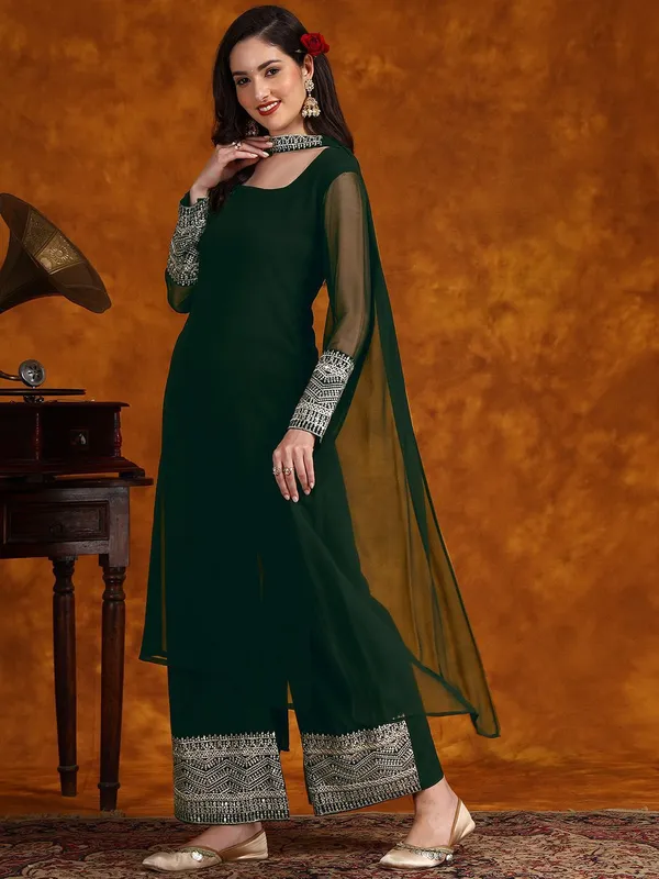 Bottle_Green_Georgette_Ethnic_Border_Straight_Kurta_With_Palazzo_&_Dupatta_For_Women