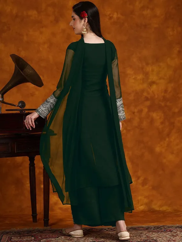 Bottle_Green_Georgette_Ethnic_Border_Straight_Kurta_With_Palazzo_&_Dupatta_For_Women
