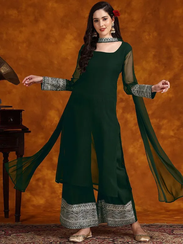 Bottle_Green_Georgette_Ethnic_Border_Straight_Kurta_With_Palazzo_&_Dupatta_For_Women