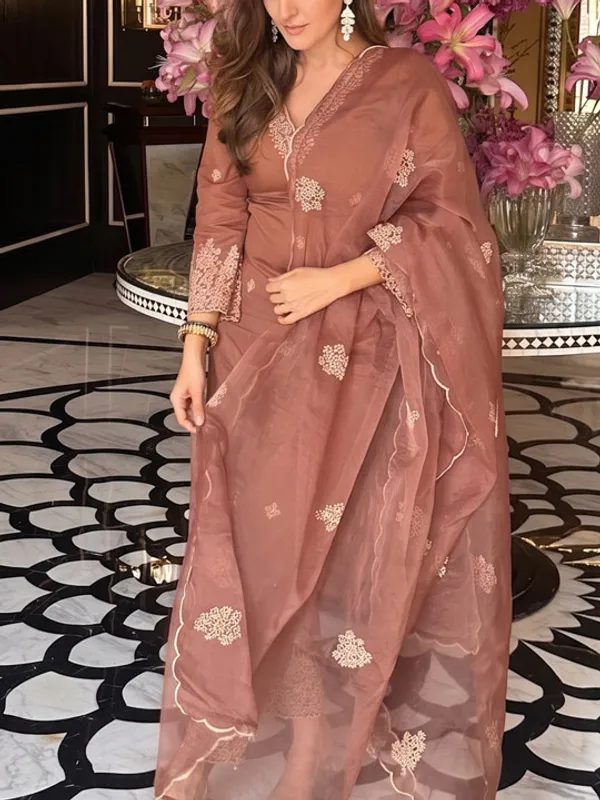 Brown_Roman_Silk_Off-White_Thread_Work_Kurta_With_Palazzo_&_Dupatta_For_Women