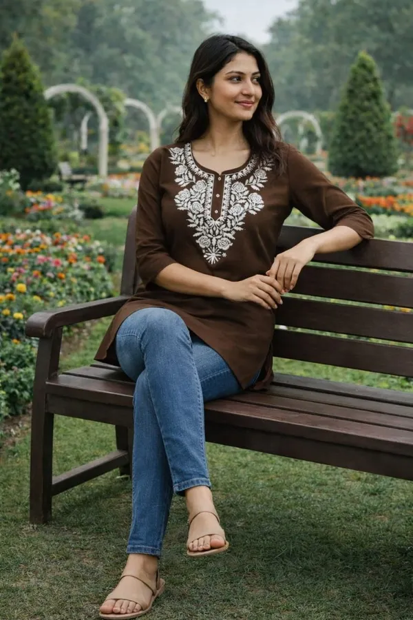 Coffee_Brown_Pure_Cotton_Floral_Embroidery_Short_Kurta_Top_For_Women