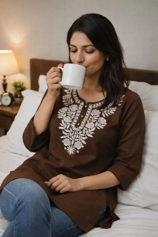 Coffee_Brown_Pure_Cotton_Floral_Embroidery_Short_Kurta_Top_For_Women
