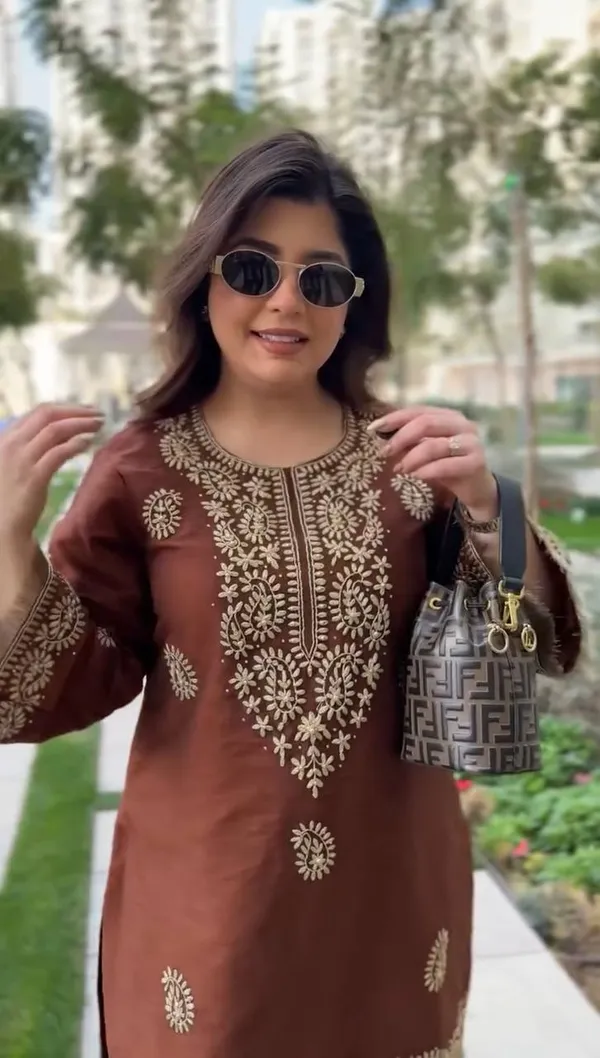 Coffee_Brown_Slub_Rayon_Thread_Work_Kurti_With_Bell_Bottom_Pant_Set