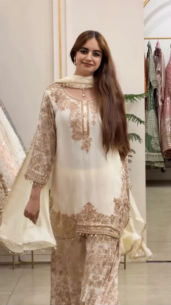Cream_Faux_Georgette_Heavy_Embroidery_Sequence_Work_Kurta_With_Sharara_&_Dupatta_For_Women