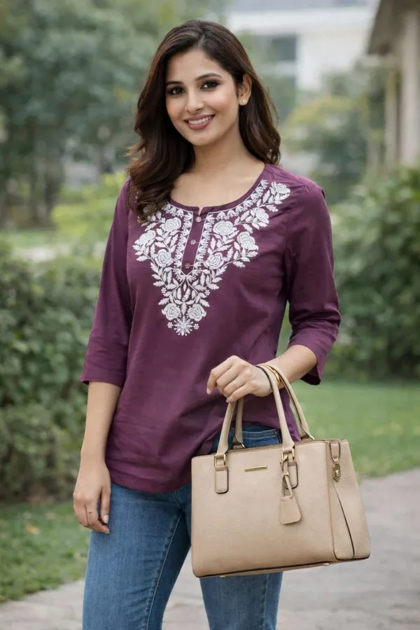 Deep_Purple_Pure_Cotton_Floral_Embroidery_Short_Kurta_Top_For_Women