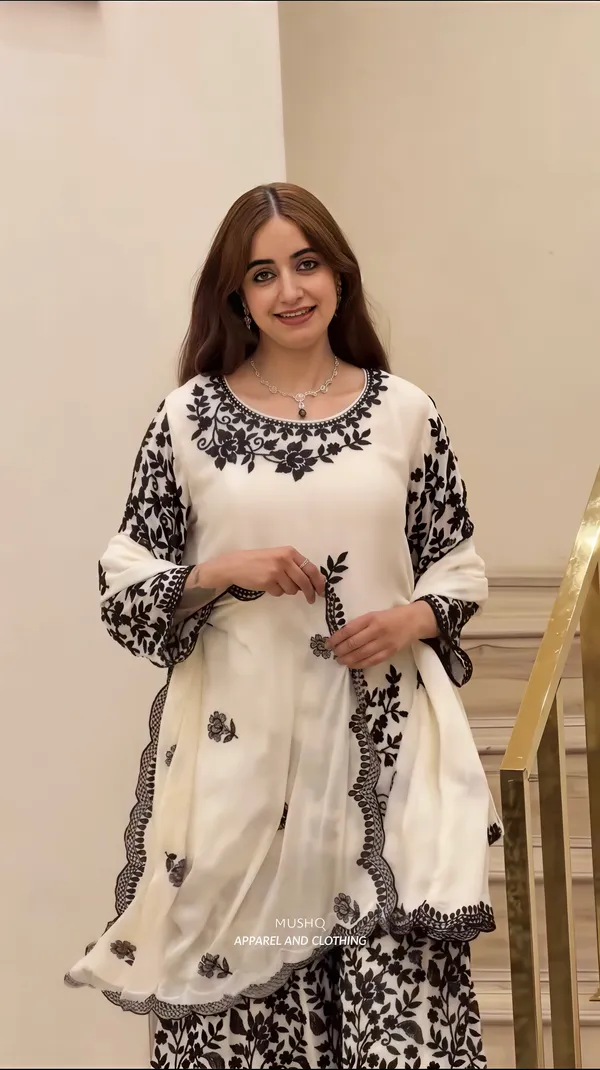 Designer_White_Faux_Georgette_Sharara_Set_With_Black_Embroidery_&_Sequence_Work