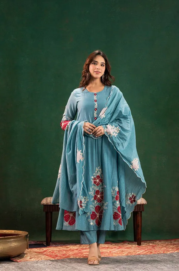 Dusty_Blue_Chanderi_Silk_Floral_Embroidered_Kurta_With_Pant_And_Dupatta_For_Women