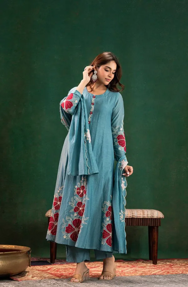 Dusty_Blue_Chanderi_Silk_Floral_Embroidered_Kurta_With_Pant_And_Dupatta_For_Women