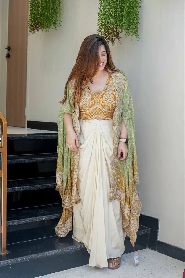 Elegant_Mustard_Yellow_Indowestern_Three_Piece_Dhoti_Set_With_Bandhani_Print_Shrug_For_Women