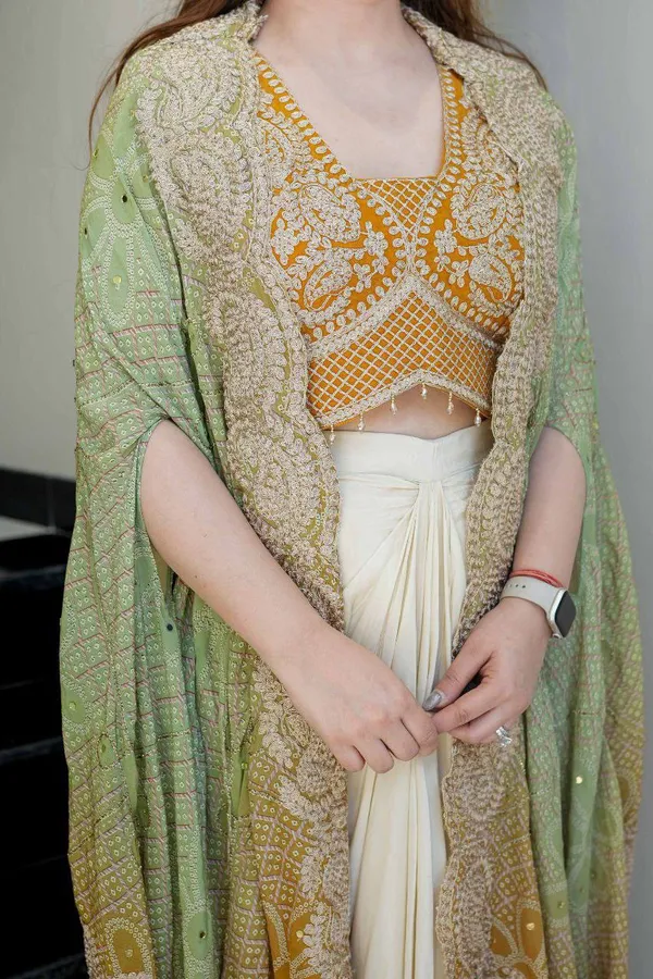 Elegant_Mustard_Yellow_Indowestern_Three_Piece_Dhoti_Set_With_Bandhani_Print_Shrug_For_Women