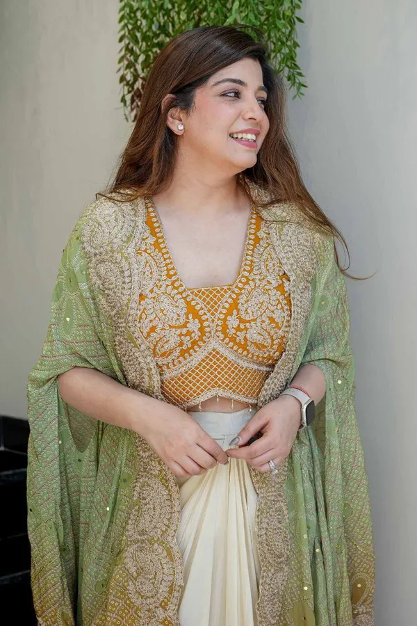 Elegant_Mustard_Yellow_Indowestern_Three_Piece_Dhoti_Set_With_Bandhani_Print_Shrug_For_Women