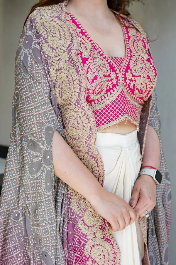 Elegant_Rani_Pink_Indowestern_Three_Piece_Dhoti_Set_With_Bandhani_Print_Shrug_For_Women